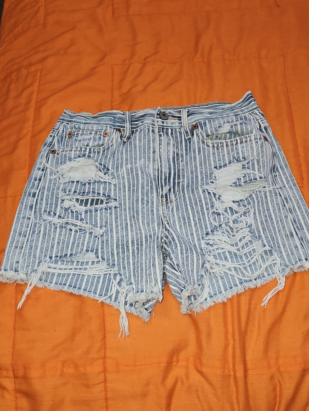 American Eagle 90s Boyfriend Fit Jean Shorts. Striped And Distressed